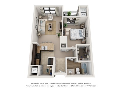 Floor plan for 1 bed, 1 bath, 674 sqft